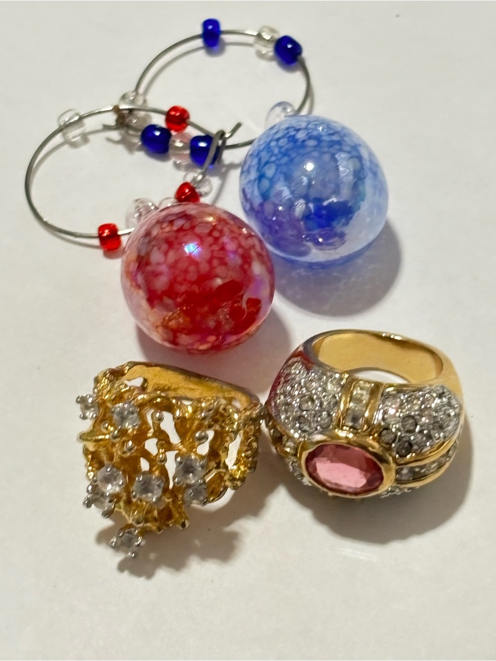 Handmade Red & Blue Glass Bead Hoop Earrings and Gold Rings Set